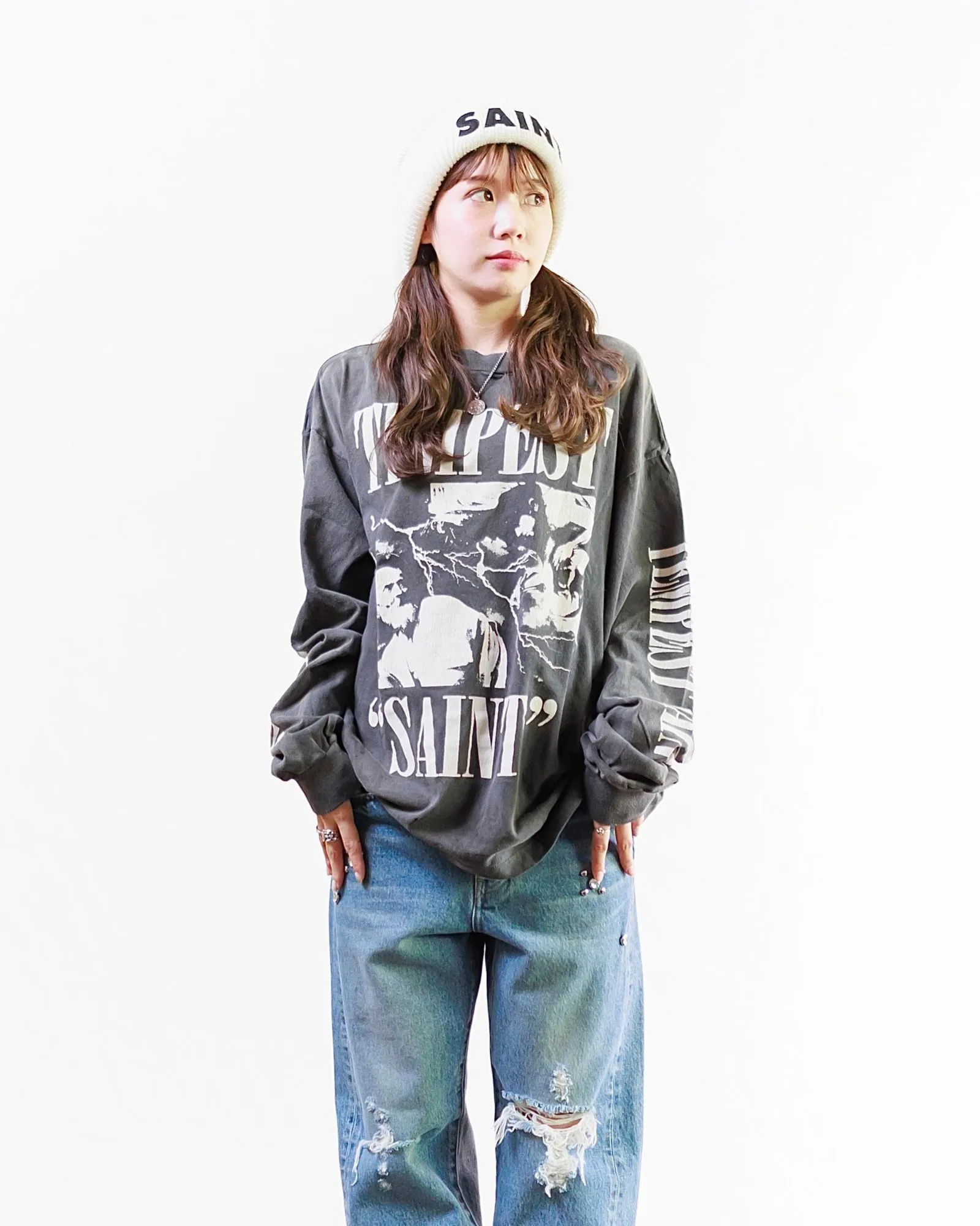 SAINT Mxxxxxx LS TEE/TEMPEST/BLK 'TEMPEST SAINT' Storm Religious Saints Cracked Retro Vulcanized Heavy Wash Long Sleeves Washed Black S-XL Assute Dyeing Multi-bit Horse Fading Craftsmanship Grinding and Hanging Holes Full of Old Feeling Top Printing Craftsmanship Purchasing Level